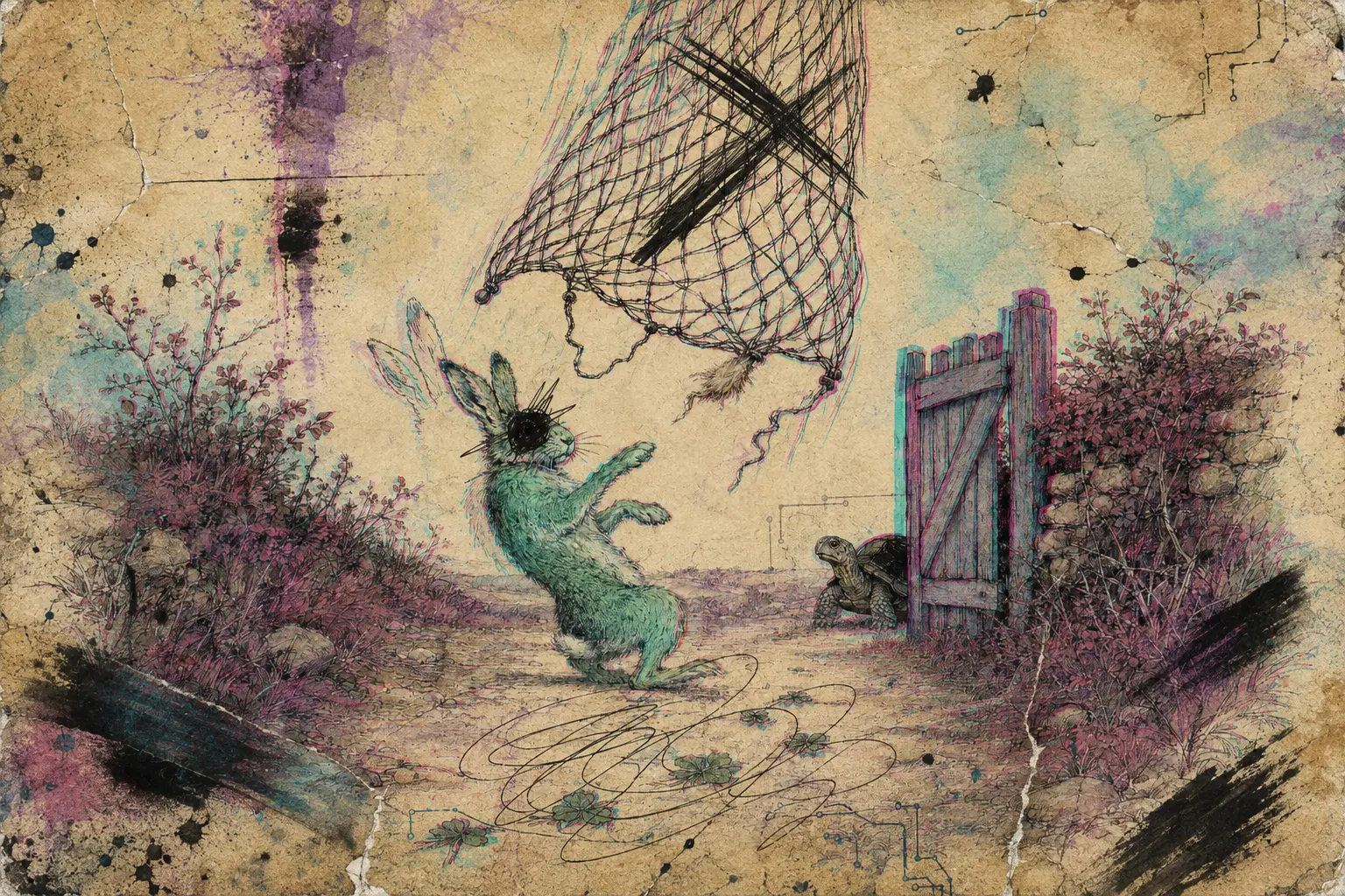 The corrupted illustration from The Hare and the Painted Gate, shown upside down.