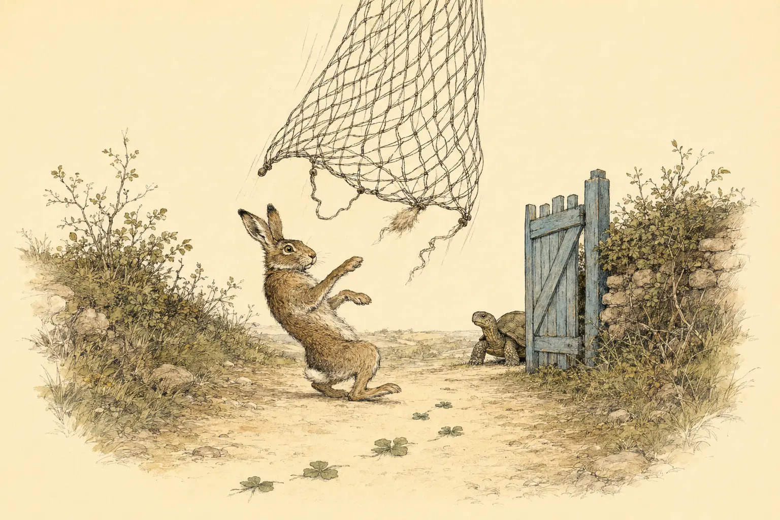 A hare recoils from a falling net beyond a painted gate while a tortoise watches from the safe side.