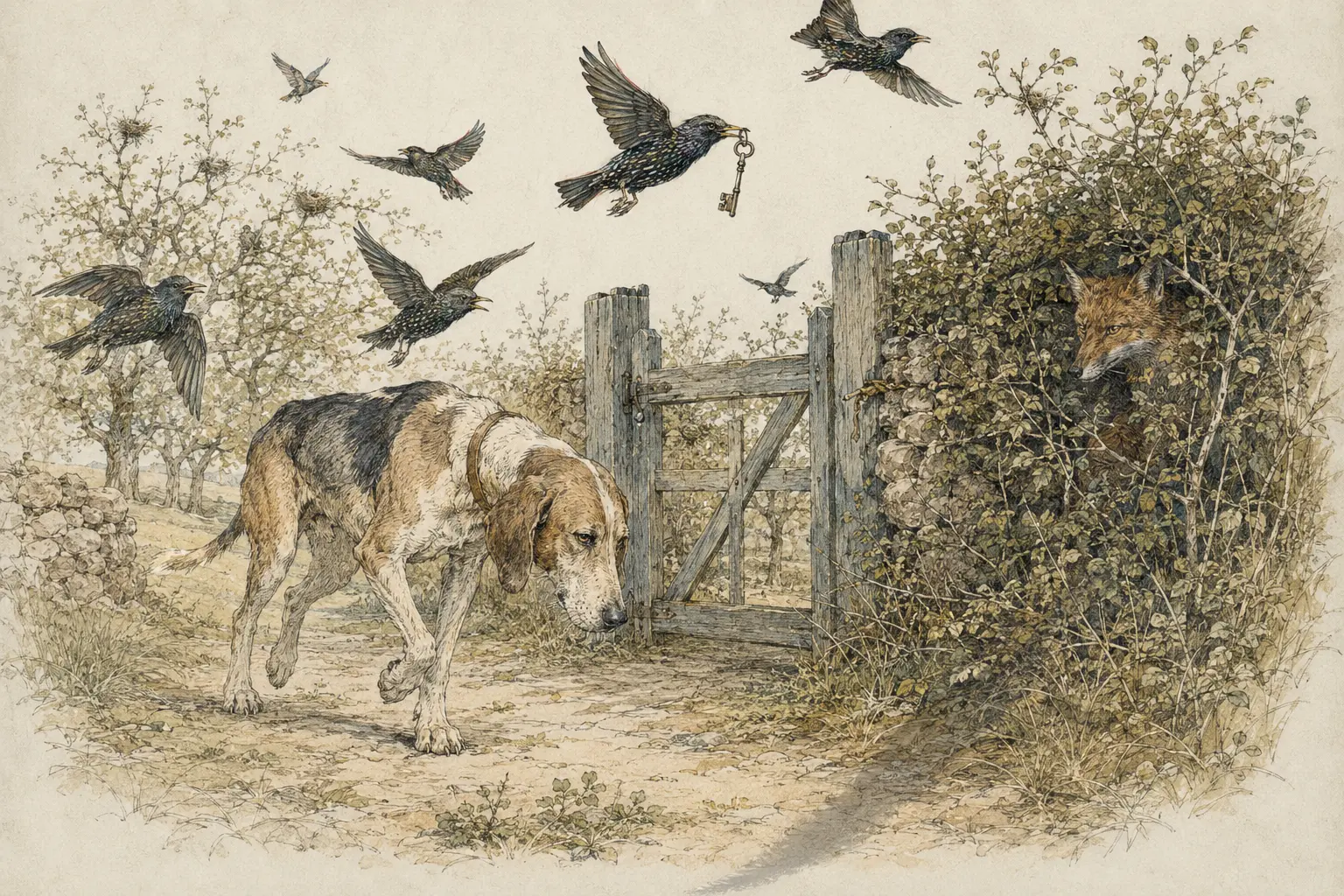 Starlings carry away a key while a fox watches from within a dark hedge and an old hound leaves the orchard gate.