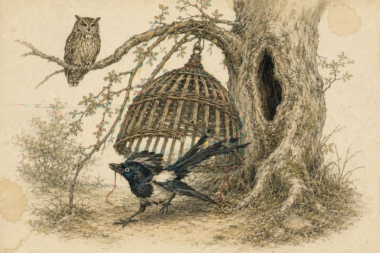 A magpie pulls a red thread from a hollow tree as a wicker cage falls behind her and an owl watches above.
