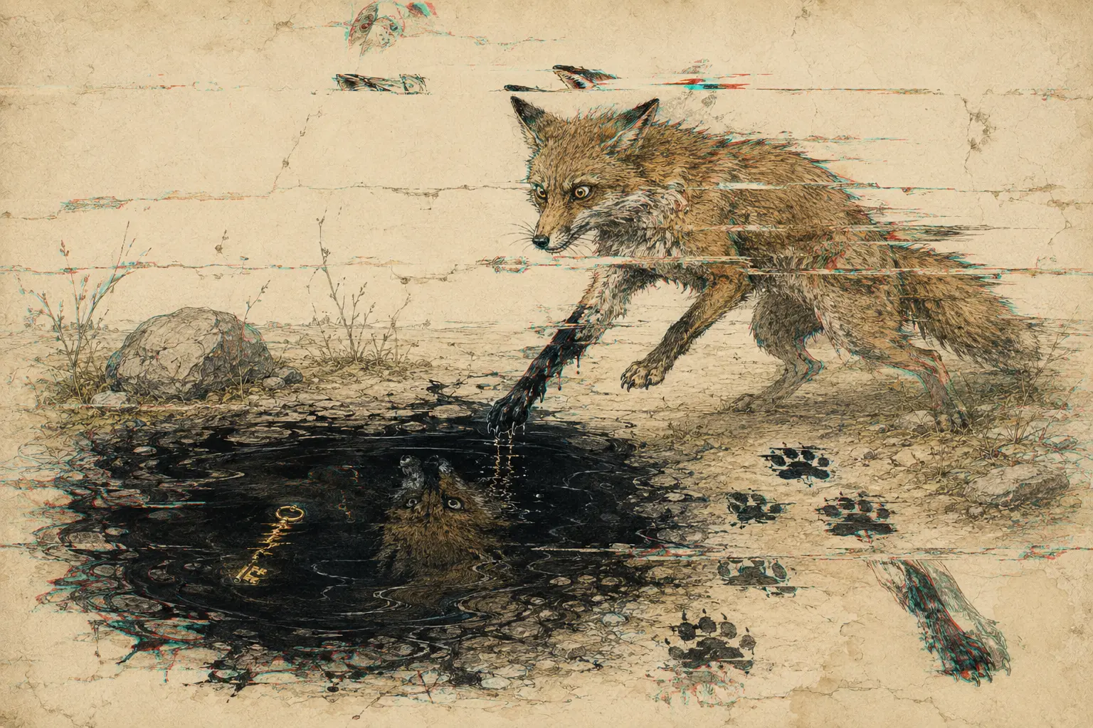 A fox pulls an ink-blackened paw from a dark pool where the reflection of a golden key has disappeared.