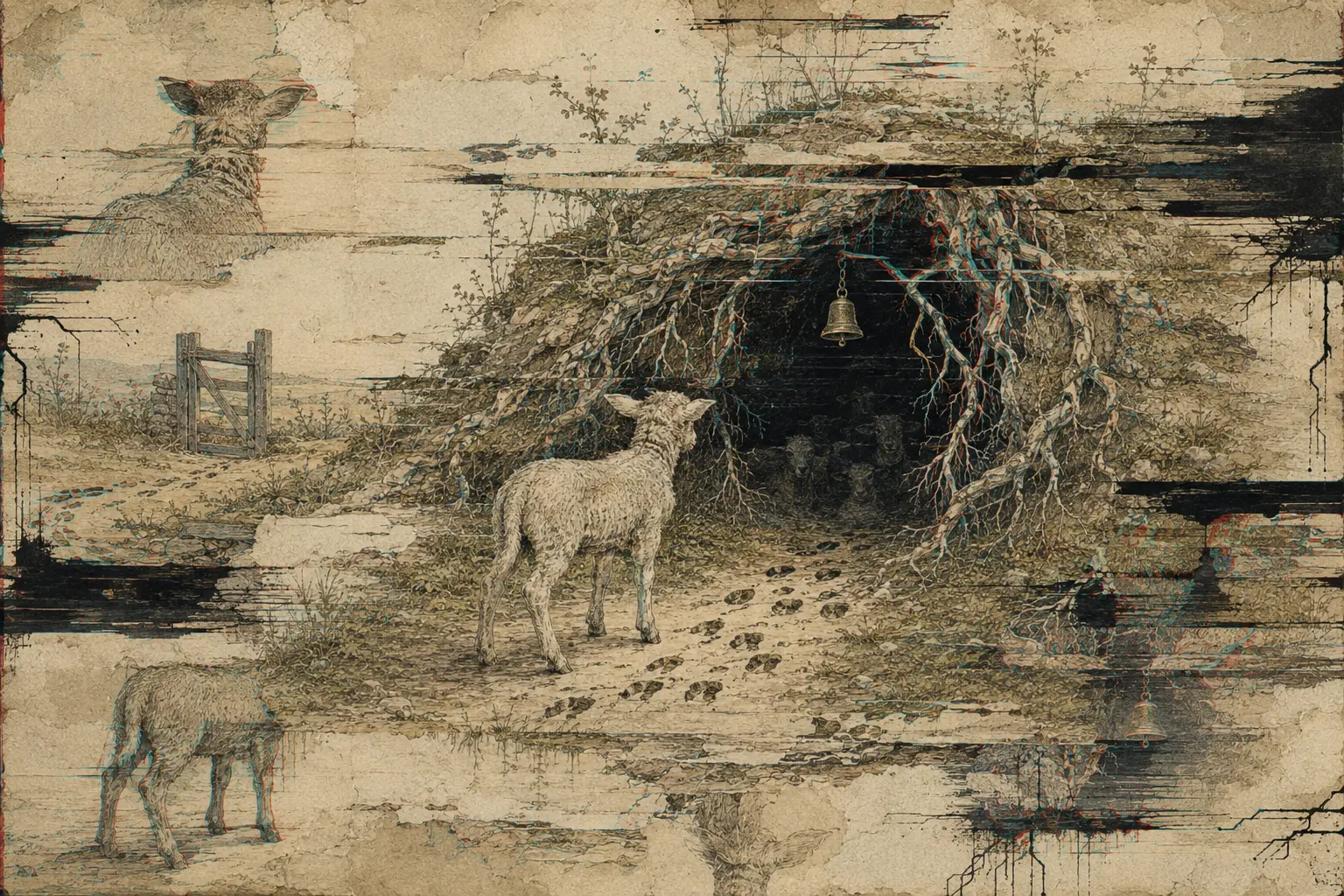 A lone lamb stands before a root-framed opening beneath a hill while hoofprints lead inside and a bell hangs in the darkness.