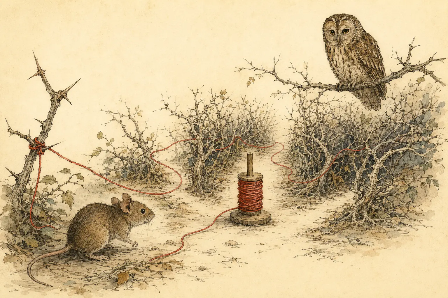 A Mouse follows a red thread through a tangled hedge toward an unattended spindle while an Owl watches from above.